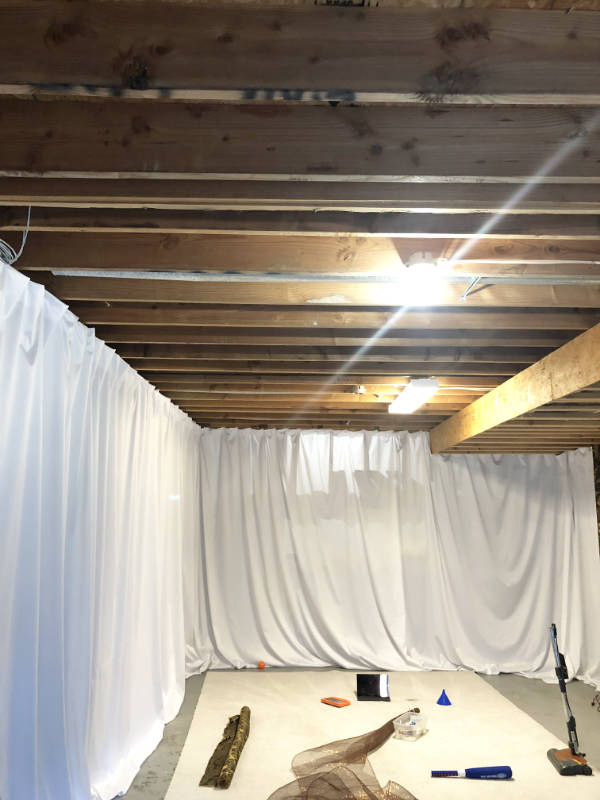Fabric Basement Remodel Amanda Nicole, Using Curtains To Cover Basement Walls